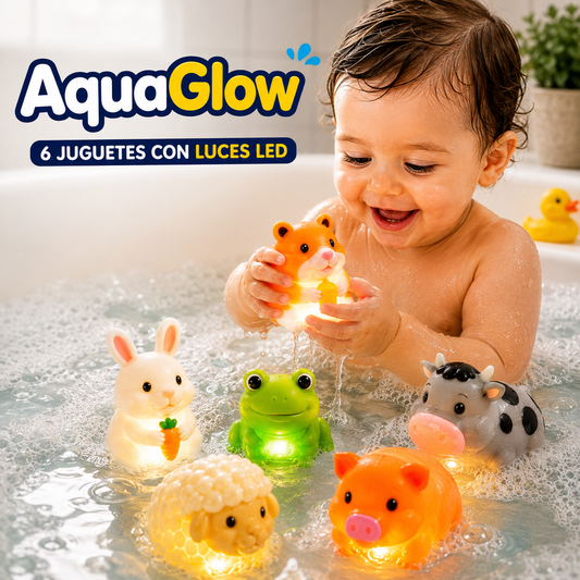 AquaGlow™ - Kit de 6 juguetes de baño con sensor de luces que se activan con el agua 💦