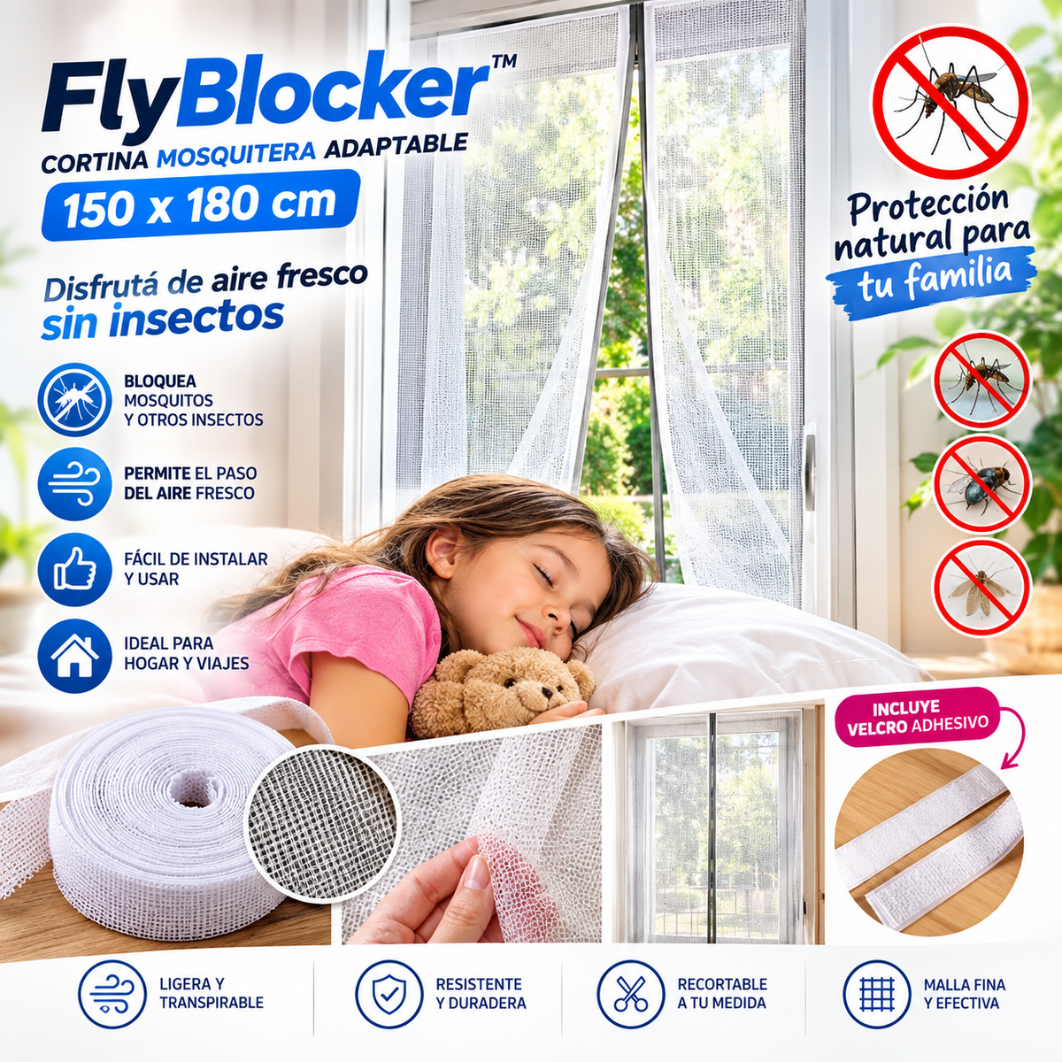 FlyBlocker™ 🚫 Cortina mosquitera adaptable 150 x 180cm 🦟