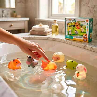 AquaGlow™ - Kit de 6 juguetes de baño con sensor de luces que se activan con el agua 💦